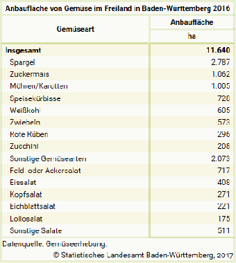 Anbaufläche von Gemüse im Freiland in Baden-Württemberg 2016 - Tabelle